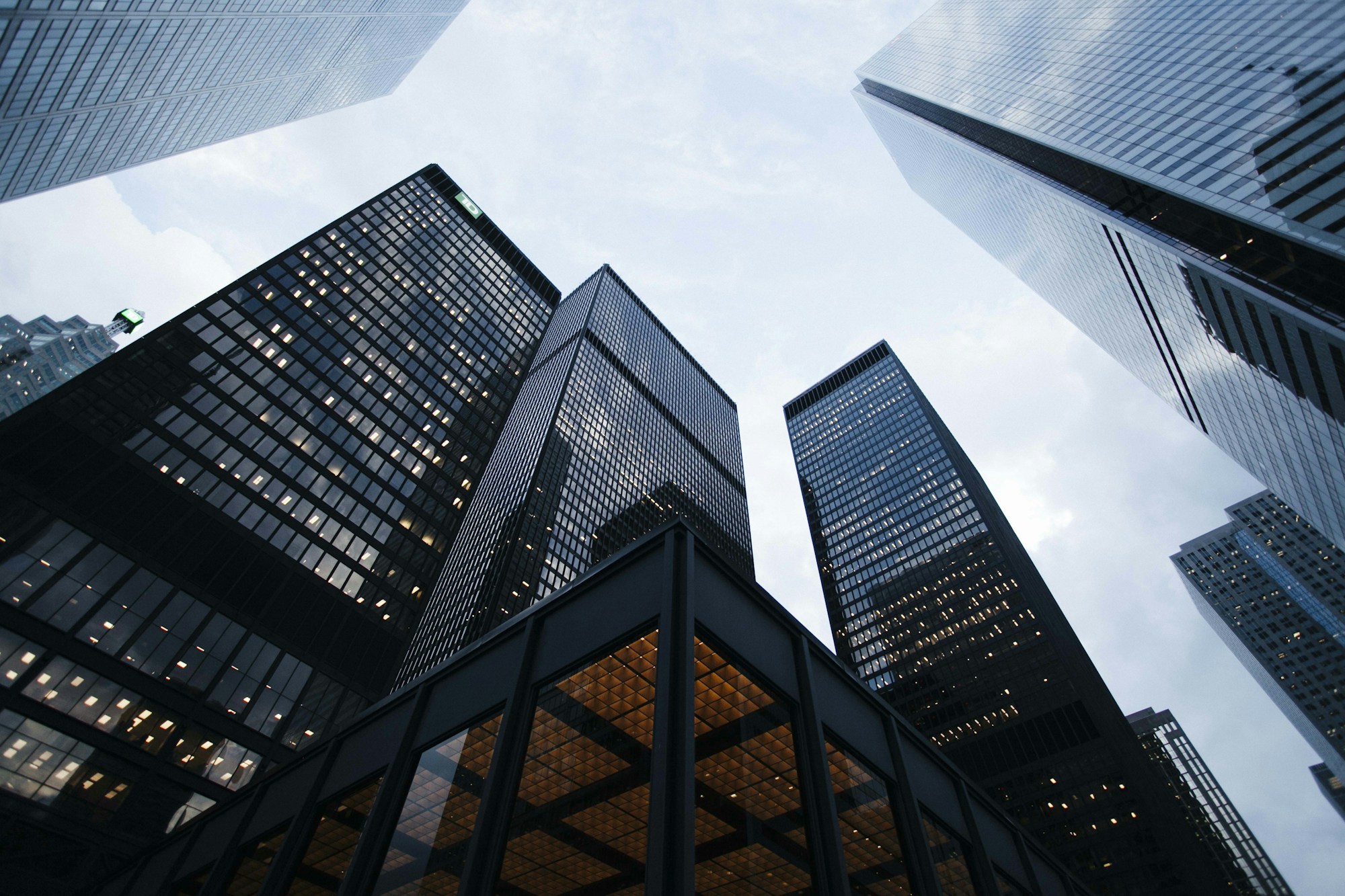 Sculptural glass architecture reaching toward the sky
